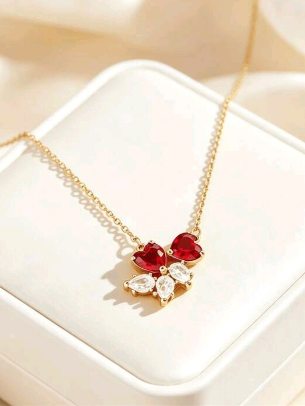 NEW Gold Stainless Steel Heart Necklace with Red and Clear Cubic Zirconia Stones